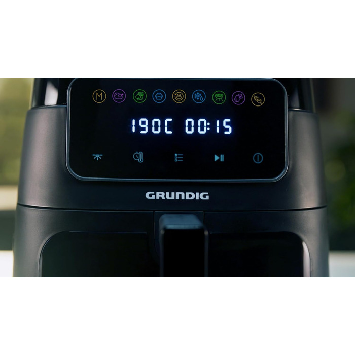 Аерофритюрниця Grundig FRY 7320, 7,6 л, 1750 Вт, сенсорний дисплей, велике оглядове вікно, регулювання температури і часу, антипригарне покриття, кошик для посудомийки, чорна