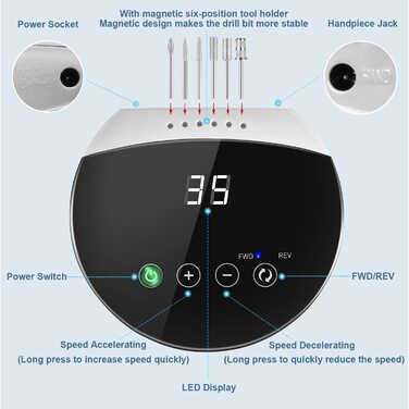 Електрична нігтьова фрезер ENGERWALL для гель-лаку, 35000 об/хв з LCD екраном та сенсорними кнопками. Професійний набір для манікюру та педикюру, догляд за нігтями, дизайн нігтів. Професійний, з підключенням.