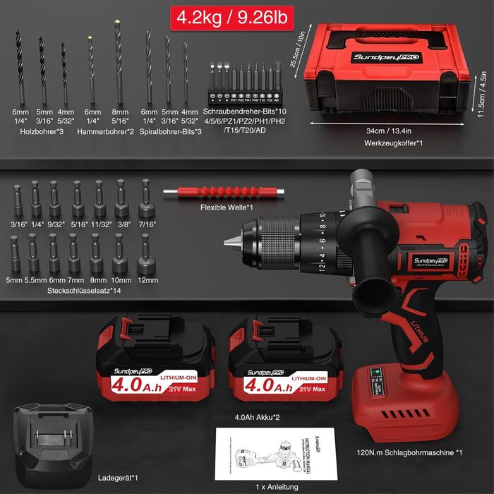 Акумуляторний дриль-шуруповерт SundpeyPRO 21V з перфоратором, 120 Нм, безщітковий двигун, комплект з 2 x 4000mAh акумуляторами, 20+3 ступені крутного моменту, LED-підсвітка