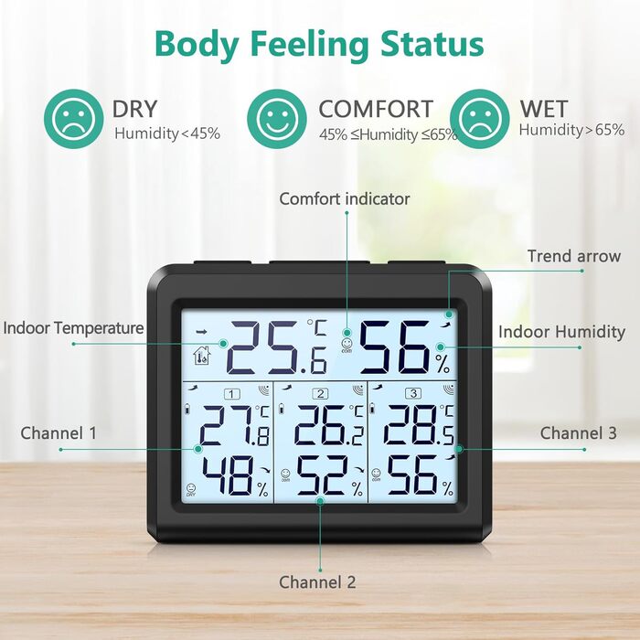 ORIA Digital Thermometer, Indoor/Outdoor Thermometer with 3 Outdoor Sensors, Backlight & Large LCD Display, Min/Max Records, ℃/℉ Switch, Ideal for Office, Home (Black)