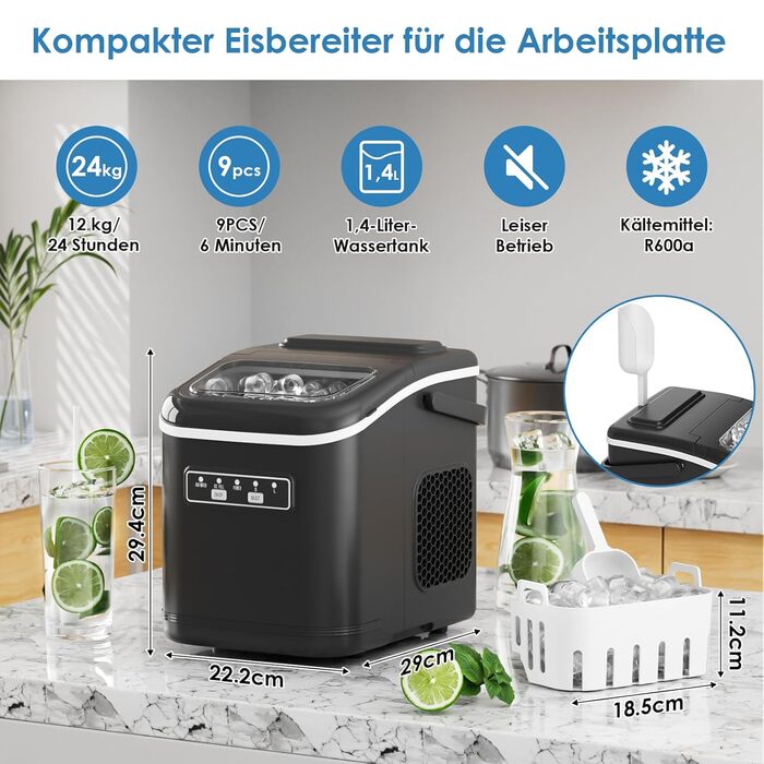 Машина для приготування льоду, 12 кг/24 год, чорна. Виробляє 9 кубиків за 6 хвилин, 2 розміри кубиків, самоочищення, з лопаткою та кошиком. Підходить для дому, офісу, бару, вечірки.