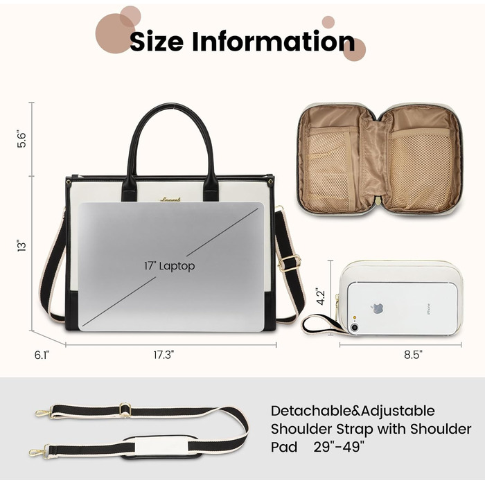 Сумка для ноутбука LOVEVOOK жіноча водонепроникна для роботи, університету (17 дюймів, чорно-бежева). Бізнес-сумка, портфель, сумка для вчителя зі шкіри.