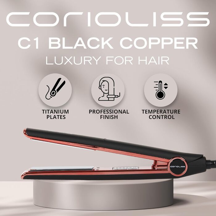 Випрямляч для волосся Corioliss C1 з титановими пластинами та функцією завивки для тонкого волосся, професійний з регулюванням температури (Чорний м'який на дотик, мідний)