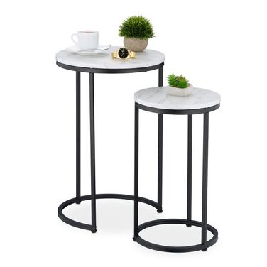 Relaxdays Side Table Set of 2, Marble Look & Metal