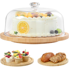 Підставка для тортів Ohuhu з бамбука 2-в-1 з кришкою, обертова тарка для тортів з 3 знімними ніжками та акриловою кришкою для випічки, декорування та святкування, чудовий подарунок для жінок