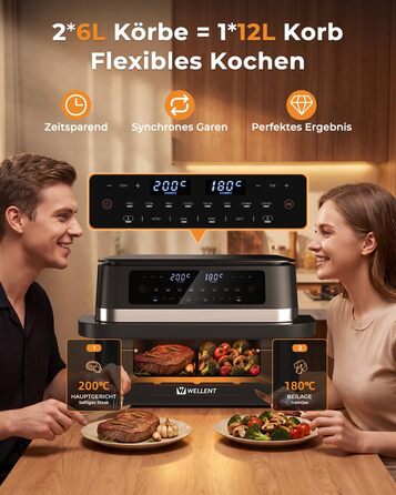Аерофритюрниця WELLENT 12л з двома камерами (4+7л) 2600 Вт - 10-в-1, сенсорний екран, функція Match&Sync, миття в посудомийній машині