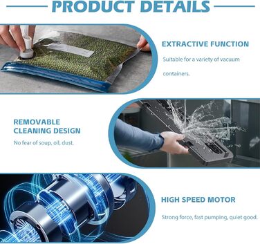 Вакуумний пакувальник харчових продуктів 5-в-1 з 10 пакетами 20x30 см, 65Kpa, знімний прилад для запаювання фольги, LED-дисплей та різак для сухих та вологих продуктів (сірий)