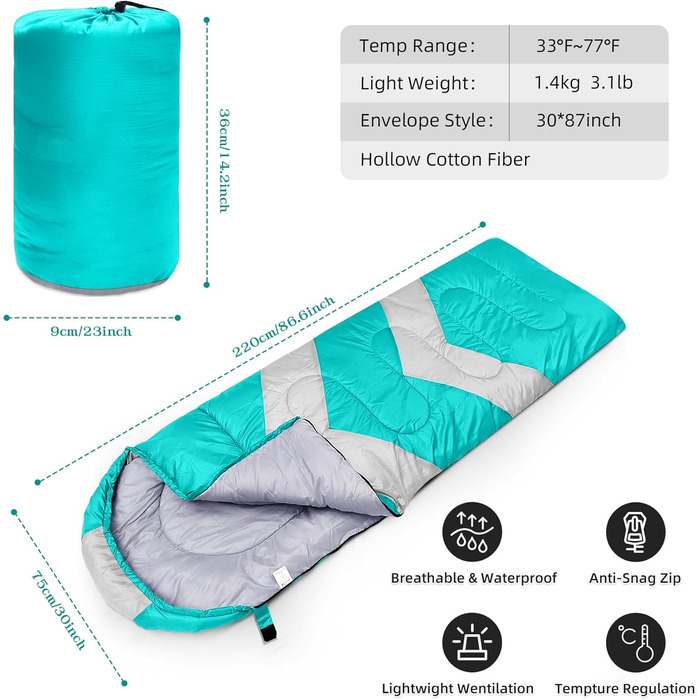 Zusentee 3-4 Season Sleeping Bag - Waterproof, Lightweight, Ultralight Sleeping Bag for Adults & Kids - Camping, Hiking, Travel (Seablu)