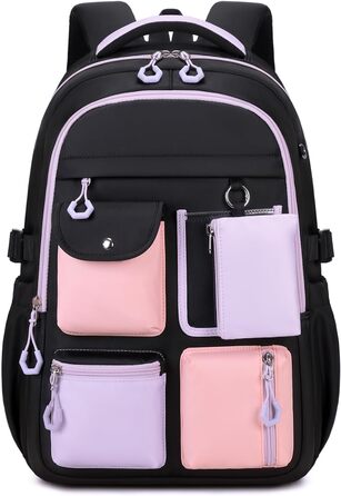Шкільний рюкзак Tanou для дівчаток: великий, з тканини Oxford, з багатьма відділеннями, чорно-фіолетовий