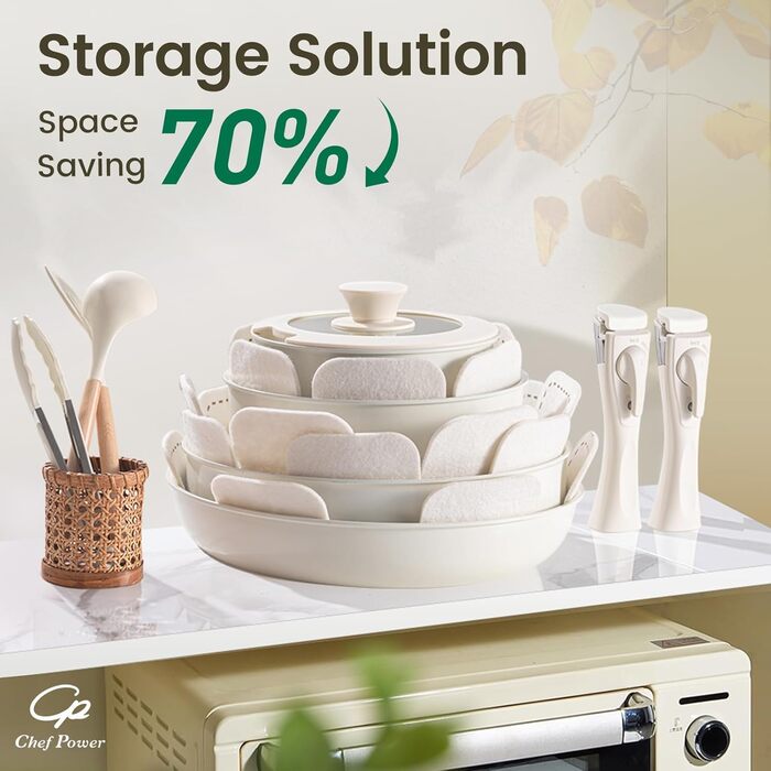 Набір посуду Chef Power Keramik 19-ти частинний, з антипригарним покриттям, знімний ручка, індукція, сумісний з духовкою, для дому та кемпінгу, сірий та білий