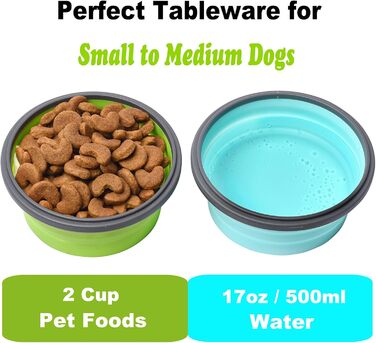 Складані миски для собак з силікону для корму та води, для подорожей, з кришкою, портативні, розширювані, для домашніх тварин, для прогулянок, кемпінгу, 2 шт. блакитний / зелений (Medium, блакитний / зелений)