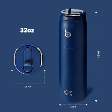bottlebottle BOTTLE Insulated Water Bottle Stainless Steel 32oz (946ml) with Straw Handle for Sports, Travel, Gym, Double-Walled Leak-Proof, BPA-Free (Indigoblue)
