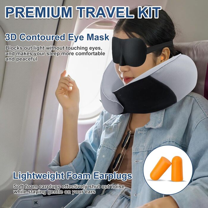 Подушка для шиї у літак з Memory Foam, набір: подушка, маска для сну та навушники (сіра)