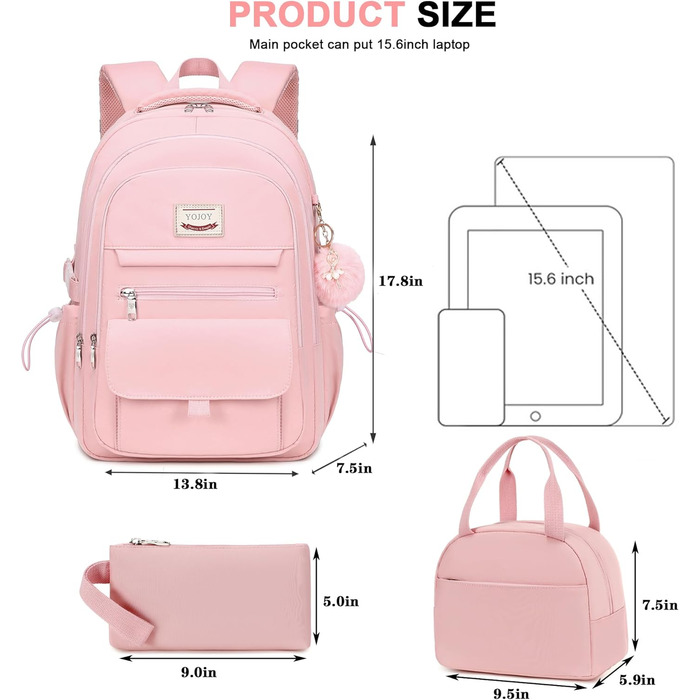 Шкільний рюкзак для підлітків, дівчаток, 3-в-1: рюкзак, ланчбокс, пенал (рожевий). Підходить для ноутбука 15.6