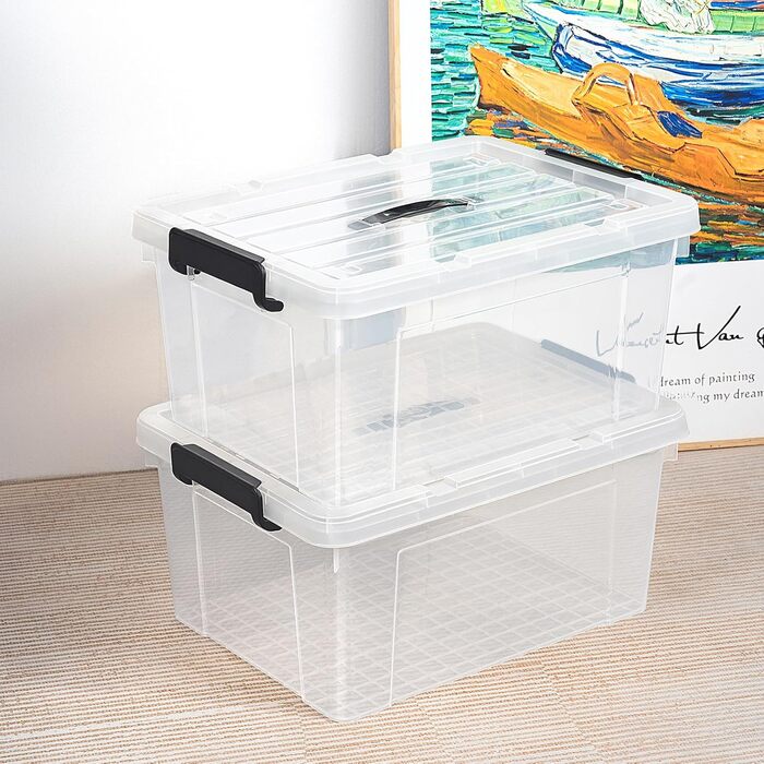 Cetomo Storage Boxes, Portable Plastic Boxes with Lids, Organizer Containers with Handle and Clips, Stackable, Nesting, for Home and Office, Transparent, 90L-3 Pack (35L*4)