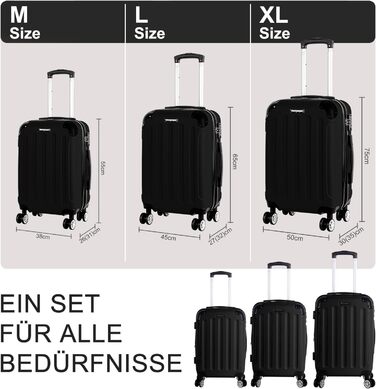 Набір валіз 3er - міцні ABS-валізи з TSA-замком, розширюваний об'єм - M, L, XL, захист кутів, 360° колеса, телескопічна ручка, підходить для ручної поклажі & стійкий до ушкоджень (Чорний)