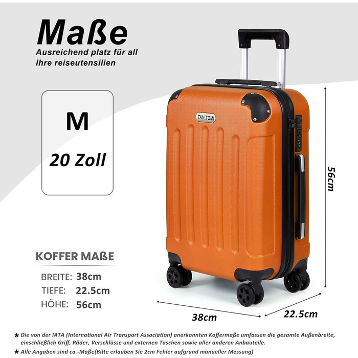 Валіза ручної поклажі TANTOI, жорсткий корпус, телескопічна ручка, кодовий замок, для подорожей та ділових поїздок (світло-оранжевий, M)