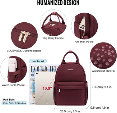 LOVEVOOK Small Backpack for Women Small City Backpack Handbag 2 in 1 Waterproof Daypack Mini Backpack Women Elegant Casual Daypack for Travel Leisure Shopping Work (11 inch, Wine)