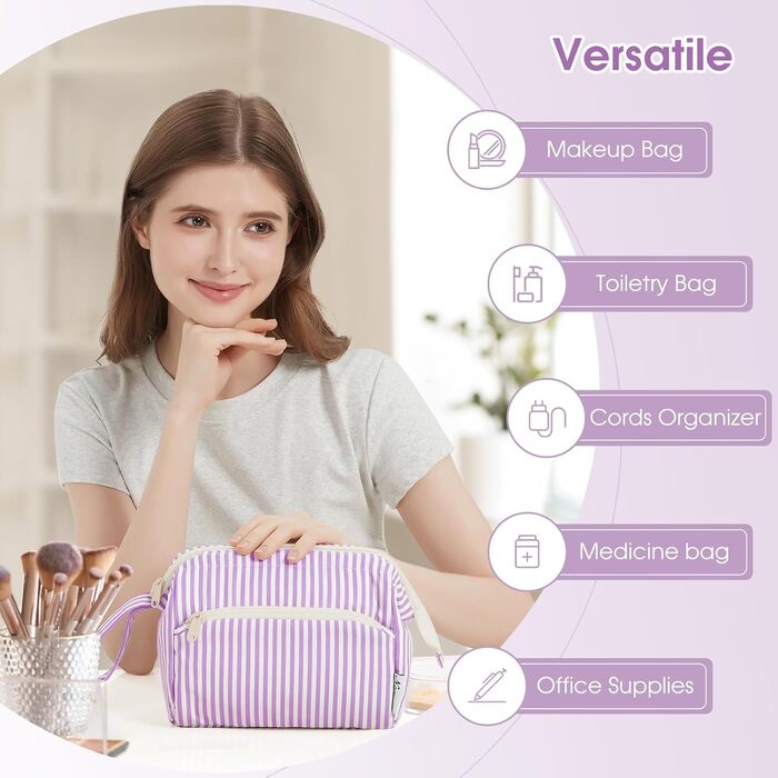 Косметичка жіноча Narwey для подорожей: велика, з широким відкриванням (сіро-блакитний з фіолетовими смужками)