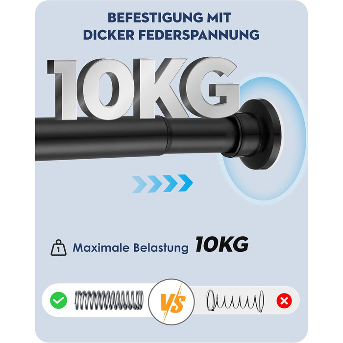 Штанга для душу без свердління, штанга для ванни, нержавіюча сталь, телескопічна, 70-195 см, чорна