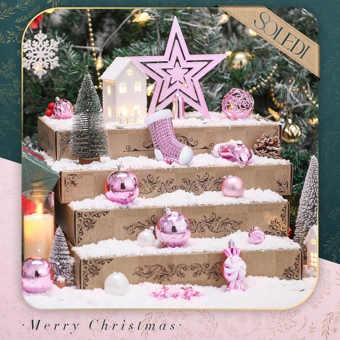 SOLEDI® Набір з 128 штучок преміум ялинкових прикрас - кульки з пластику білого кольору з зіркою на верхівку. Міцний та безпечний набір ялинкових прикрас з гачками. Ялинкові кульки кольорові, багаторазовий декор на Різдво (рожевий)