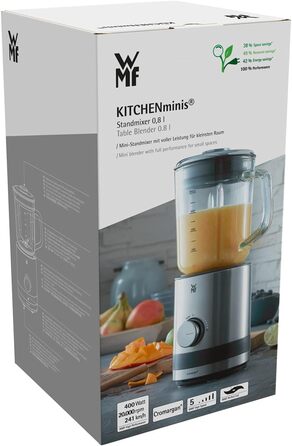 WMF Kitchen minis Compact Mixer, Mini Stand Mixer, 400 Watt, Small Stand Mixer, 0.8 l Glass Container, Pulse Function, Cromargan Matt Single