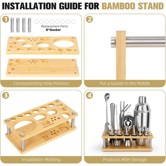 Набір шейкер для коктейлів зі стійкою, 750 мл, 20 предметів, нержавіюча сталь, професійний барменський набір, 4 силіконових підкладки, подарунок для чоловіків, жінок, друзів