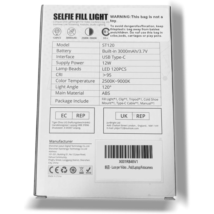 LED світло для селфі на телефон ST-120RGB-CT: 120 світлодіодів, 2500-9000K, регулювання яскравості, 3000mAh, CRI 95+, з тримачем та штативом для фото/відео