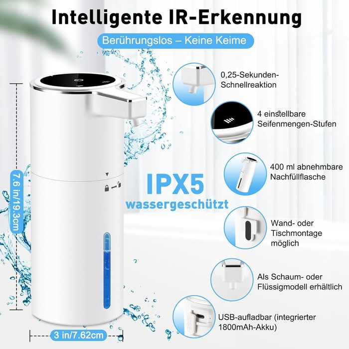 Автоматичний дозатор мила для стін, безконтактний, 400 мл, електричний, з сенсором, USB, перезаряджається, 1800 mAh, для ванної, кухні, офісу (піна, білий). Білий, піна