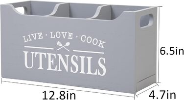 Karisky Kitchen Utensil Holder with Drainage Bottom, Large 3-Compartment Solid Real Wood Utensil Organizer for Countertops, Cooking Tools for Farmhouse Kitchens, (Gray)