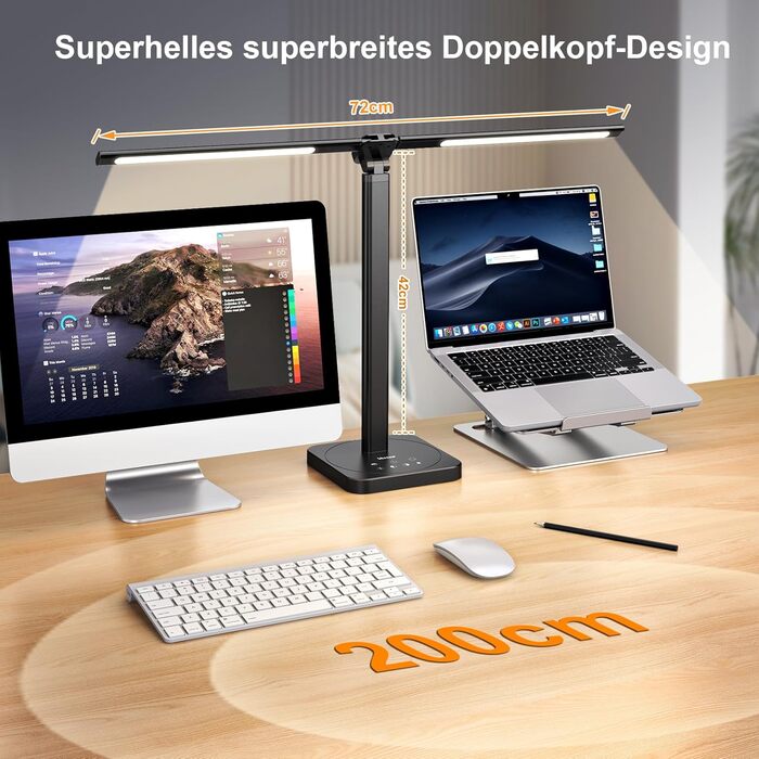 LED лампа настільна Veetop з подвійним світлом, регульована, денне світло, 72 см, шарнірний кріплення, 5 рівнів яскравості, 5 колірних температур, диммування, офісна лампа