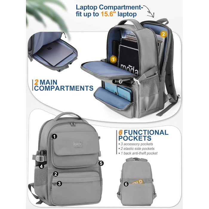 Шкільний рюкзак FIORETTO для підлітків та жінок: водонепроникний, легкий, 25L, з відділенням для ноутбука 15,6' (сірий)
