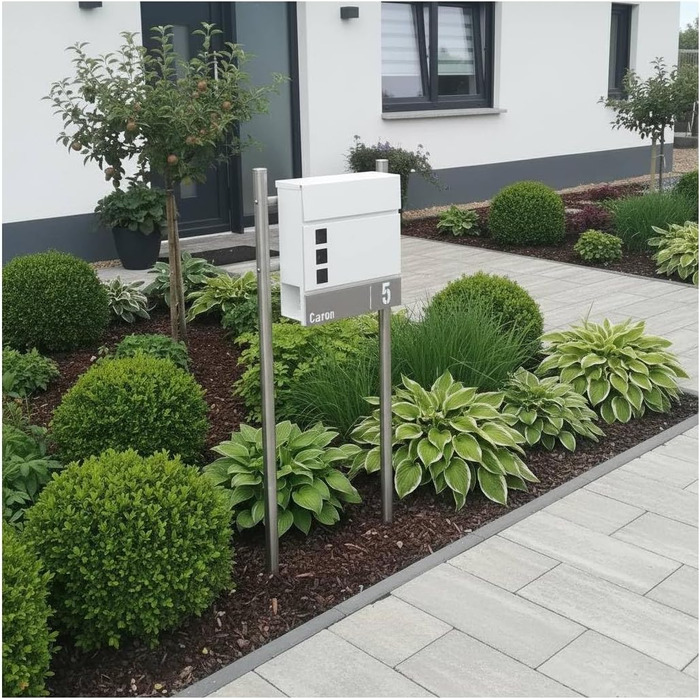 Поштова скринька Metzler Svena з нержавіючої сталі (RAL 9007) та іменним шильдиком, біла. З газетницею та вікном. Розмір: 37x37x10.5 см