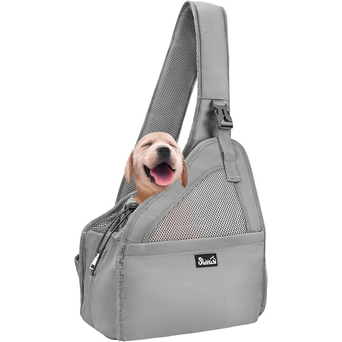 Dog-friendly baby sling/wrap for dogs, hands-free travel bag for small pets with adjustable straps, hardboard base, safety belt, for dogs up to 2.8kg, wider version (L - For pets under 5.5kg), Grey