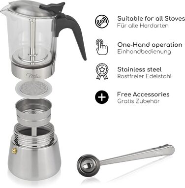 Milu Espresso Maker Induction Compatible | 4, 6 Cups | Stainless Steel Glass Moka Pot, Espresso Pot, Espresso Maker Set including coaster, spoon, brush (4 cups 200ml) Glass 4 cups (200ml)