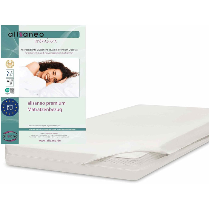 allsaneo Premium Allergy Cover 180x200x8 cm | Allergy Cover Extra Soft and Lightweight | Anti-Mite Encasing | Dust Mite Protection | Allergen-Tight Fitted Sheet | TÜV Tested