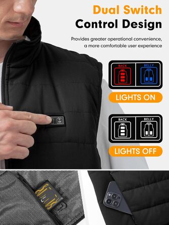 Обогріваючий жилет з підігрівом для жінок та чоловіків, жилетка з акумулятором 7.4V/5.0V, 3 режими температури, 6 зон нагріву, зимовий жилет-куртка, чорний, 25000mAh