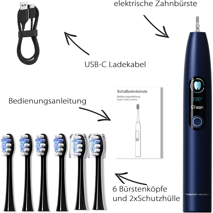 Tristan Auron Electric Sonic Toothbrush - 48,000 Vibrations, 5 Modes, Color Display, USB-C, 6-8 Week Battery, IPX7 Waterproof, 6 Brush Heads + SmartOne Protective Case (Blue) with 4-Pack