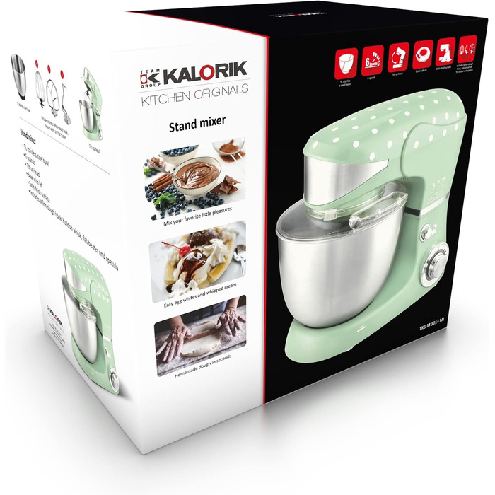 Kalorik TKG M 3014 MI Design Kitchen Machine with 5 Liter Stainless Steel Bowl, Die-Cast Mixing and Dough Hooks, 6 Speed Settings, Stainless Steel Whisk, Powerful 1000 Watt, Mint