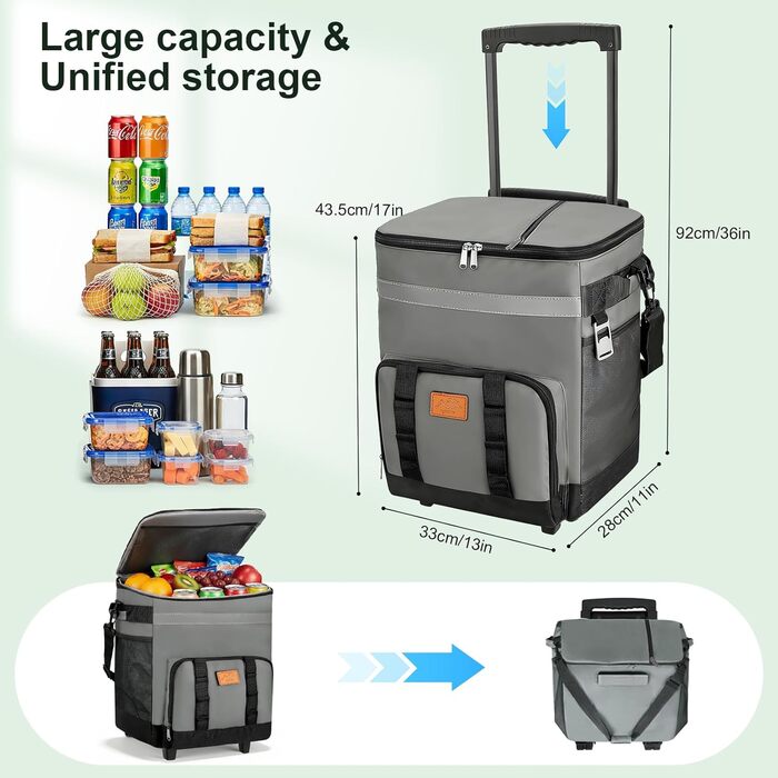 Термосумка-холодильник 35л з колесами, велика, складніша, для пікніків, кемпінгу, пляжу та BBQ, вологостійка