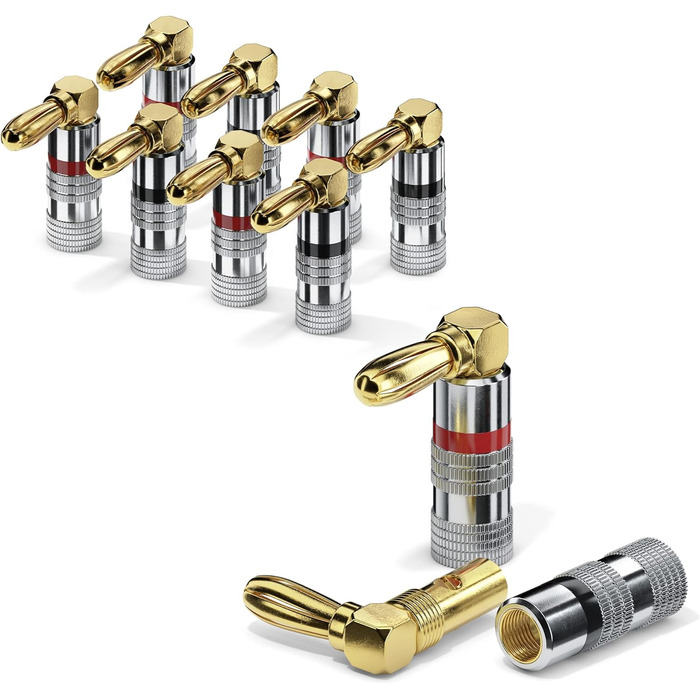 Бананові конектори Sonero® для акустичних кабелів до 6 мм², 4 шт. з кольоровим кодуванням (12x червоний, 12x чорний), 24K позолота (8 шт., кут 90°, Single)