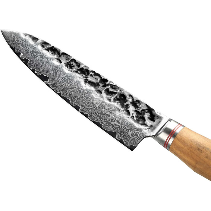 Ніж Santoku Wakoli Olive з дамаської сталі 17 см - професійний кухонний ніж з дамаської сталі 67 шарів з серцем VG10, ручка з оливкового дерева - для м'яса, риби та овочів, в дерев'яній коробці