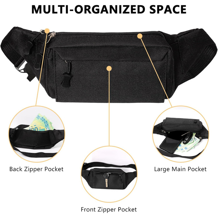 Гірчатка на пояс для жінок та чоловіків, водонепроникна сумка на стегно з багатьма кишенями для спорту, подорожей, бігу, походів, велоспорту, чорна