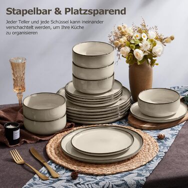 Набір посуду Onader для 6 осіб (18 предметів), керамічний сервіз, 6 тарілок для їжі, десертних тарілок, мисок для каші, стійкий до миття в посудомийній машині та подряпин (Karst Khaki)