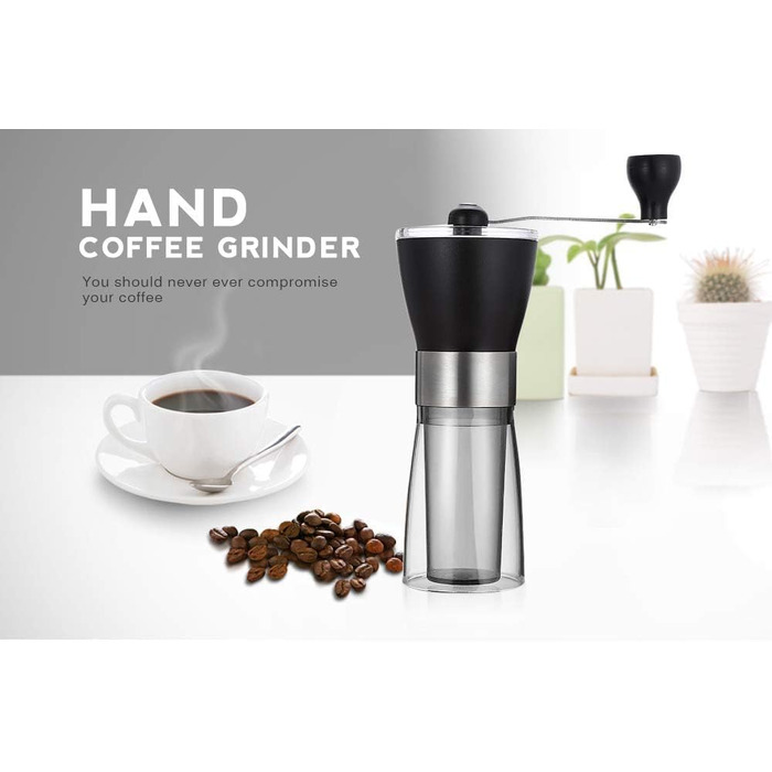 Ручна кавомолка T-mark, портативна з регулюванням, керамічна для дому та подорожей, чорний метал