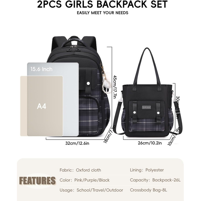 Шкільний рюкзак Tanou для дівчаток-підлітків, великий набір з сумкою через плече, в клітинку, 26л (чорний)