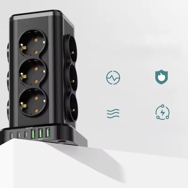Мережевий фільтр Perys: 12 розеток, 3x USB-A, 3x USB-C, 2 м, чорний