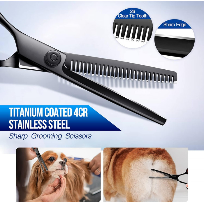 Професійна 5-в-1 ножиці для собак Gimars: 4CR сталь, безпечна закруглена накінечник, титанове покриття, прямі, філірувальні та зігнуті ножиці