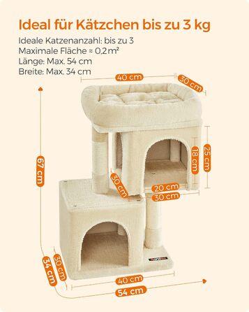 Feandrea Cat Tree Small, 67 cm Cat Tree, Kitten House for Kittens up to 3 kg, Large Platform, Sisal Posts, PCT611W01 (Beige)