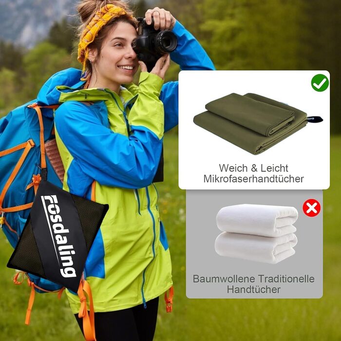 Набір з 3 рушників з мікрофібри: великий (180x80 см) та 2 маленькі (80x40 см). Швидковисихаючі рушники з мікрофібри для спорту, пляжу, ванни та подорожей (армійний зелений)